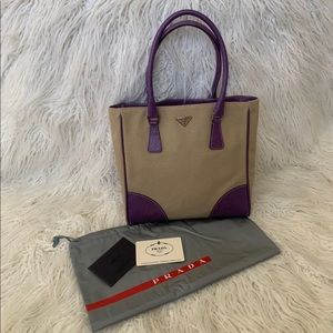 Prada canvas tote handbag in with purple leather